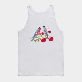 Two Bullfinch Birds and Red Flowers Wildlife Illustration Tank Top